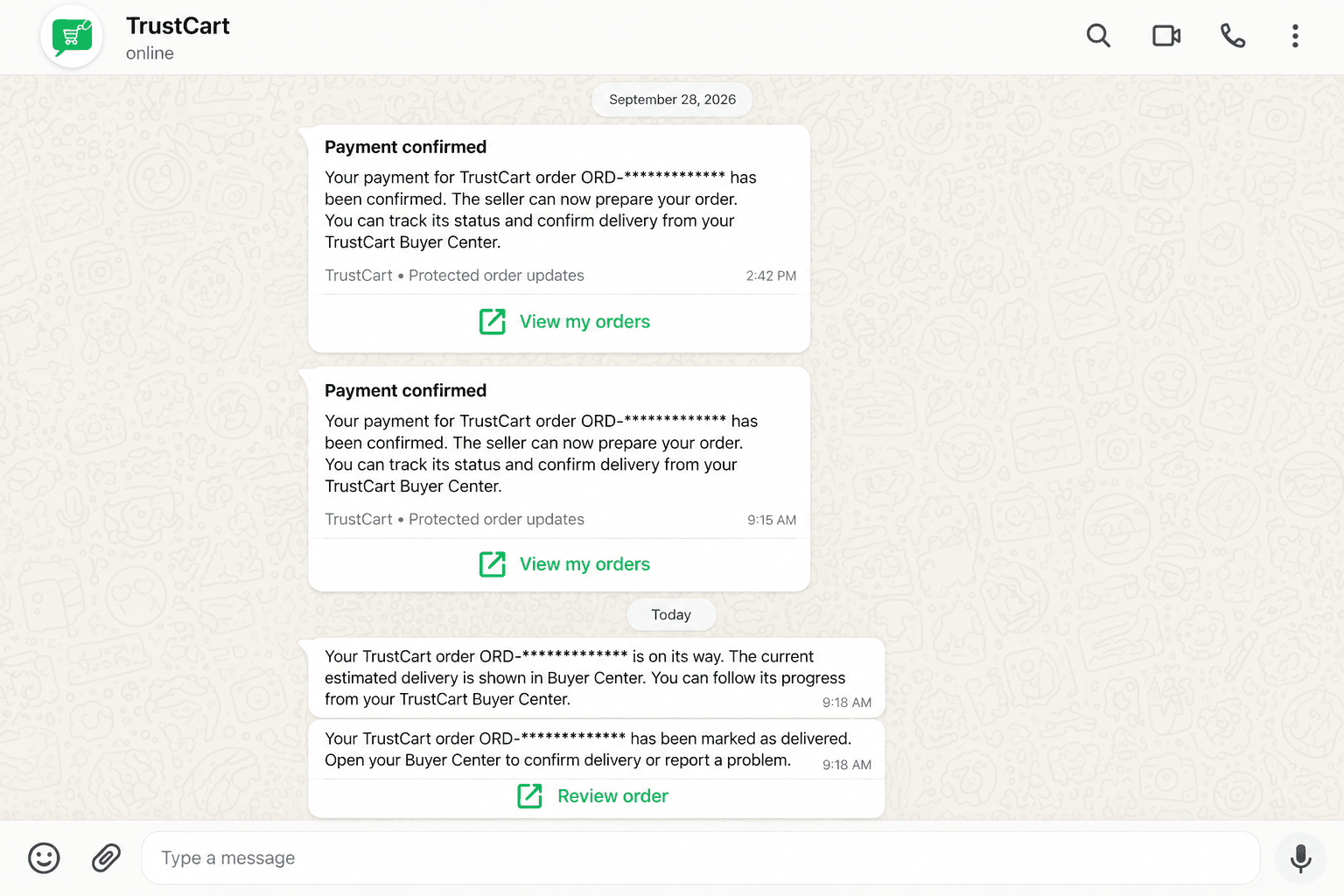 Real TrustCart WhatsApp order updates showing verified payment, shipping, and delivery confirmation messages